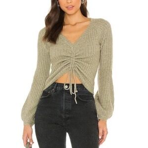 BB Dakota Pale Green V-Neck Sweater with Cinched Ruched Adjustable Front, Size L